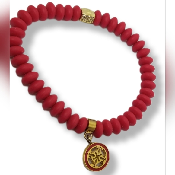 RUSTIC CUFF CHERRY RED SILICONE BEAD & CHARM STRETCH BRACELET - Picture 1 of 5